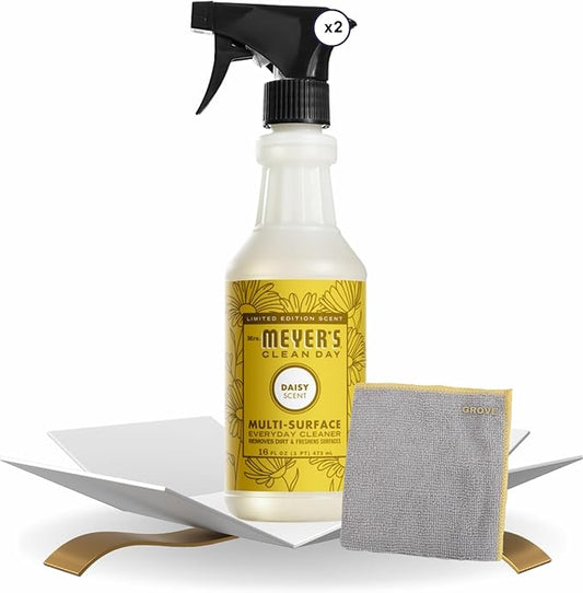 Clean Day Daisy Scent Multi-Surface Cleaner Spray 16 oz Bundle with Microfiber Cloth - Plant-Derived Formula - Versatile Cleaner for Wood, Tile, Stone, & More Surfaces - (3 Items)