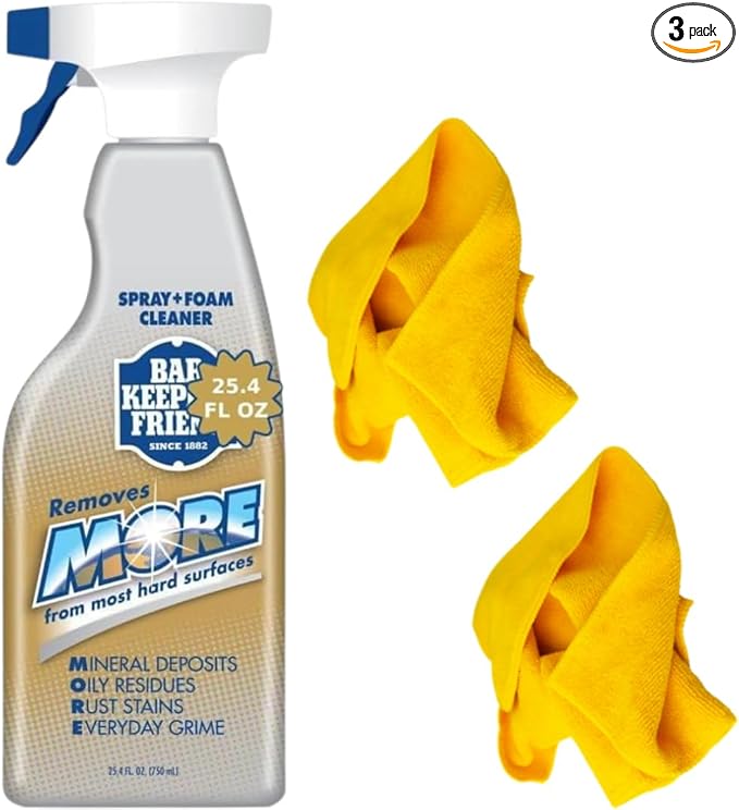 Bar-Keeper's-Friend -More-Spray-Foam-Cleaner + 2 Yellow Microfiber Towels – Hard Water Stain Remover