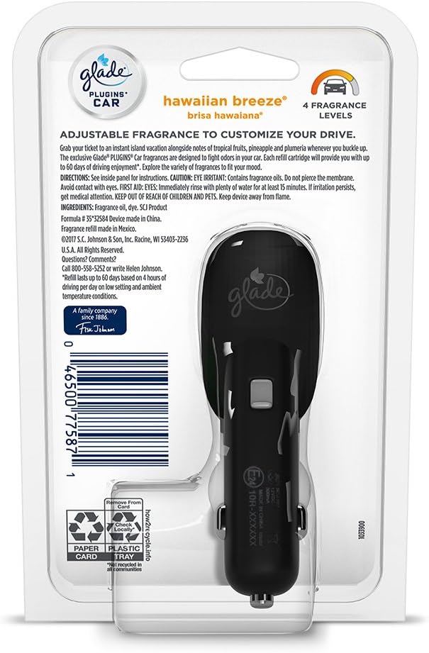 Glade PlugIns Car Air Freshener Starter Kit, Hawaiian Breeze, 1 Warmer + 4 Refills