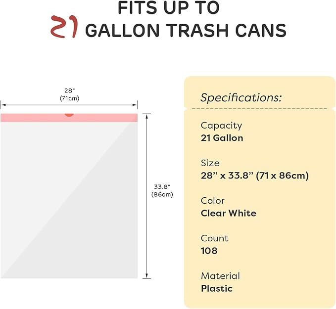 21 Gallon Trash Bags, XL-Large Garbage Bags with Drawstring, 108 Count, Heavy Duty Trash Can Liners for Kitchen Office Yard Commercial Use, Clear