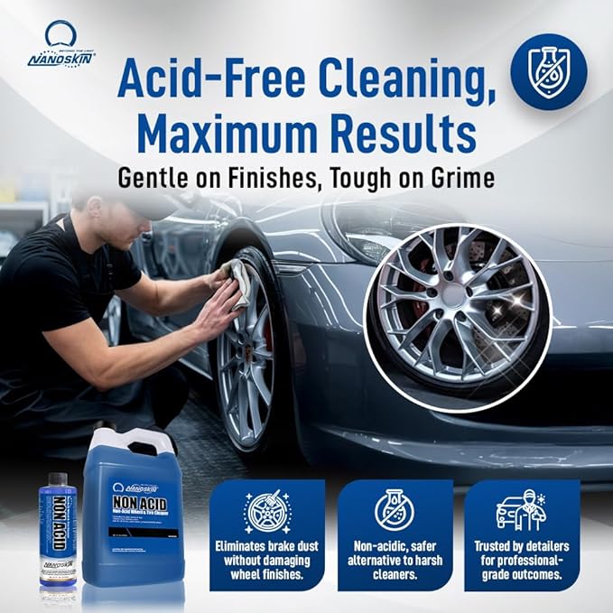 Nanoskin NON ACID Professional Wheel & Tire Cleaner 30 Gallons – Works with Tire Brush | Car Wash Cleaning Spray for Car Detailing | Removes Brake Dust, Oil, Dirt, Light Corrosion