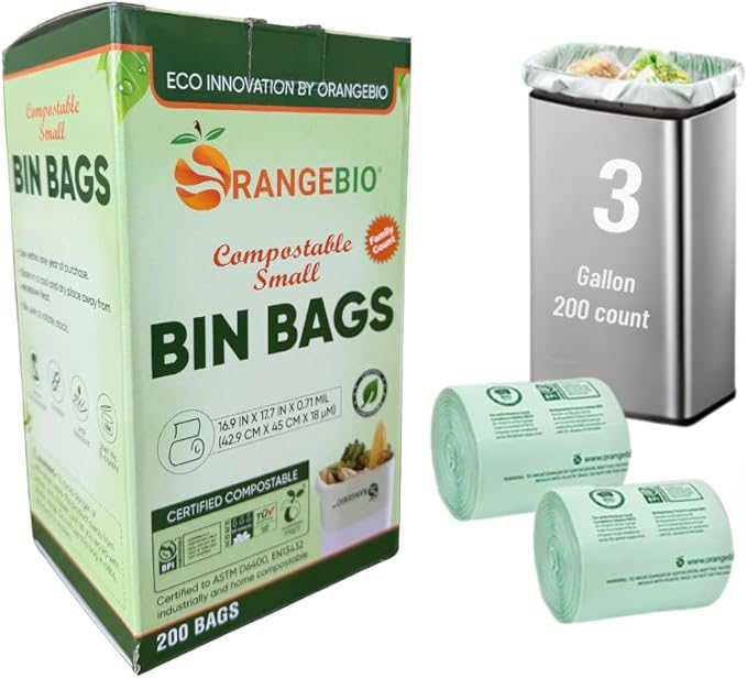 OrangeBio 3 Gallon Compostable Trash Bags, 200 Count, Plant-Based Small Garbage Bags for Kitchen, Bathroom & Food Waste, BPI ASTM D6400 & TÜV OK Compost Home Certified