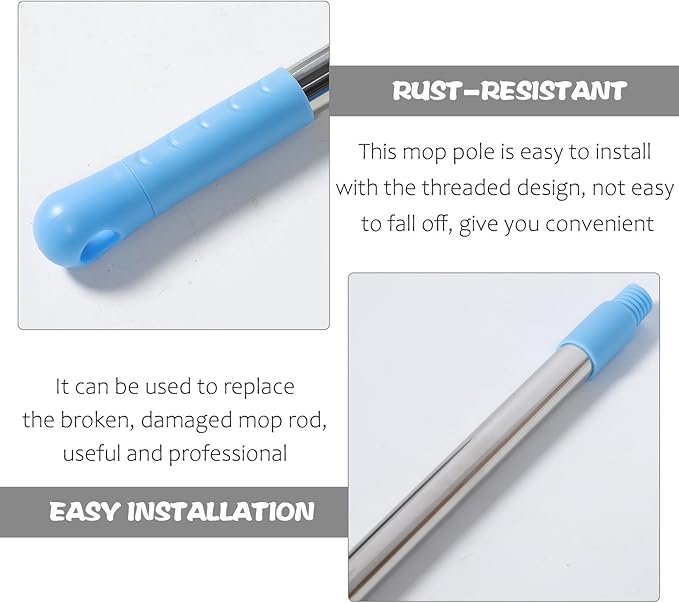 Stainless Steel Mop Rod Replacement Detachable Threaded Broom Handle for Floor Cleaning Rust-Resistant Pole with Hook for Easy Suspension Compatible with Spin Mops and Brooms