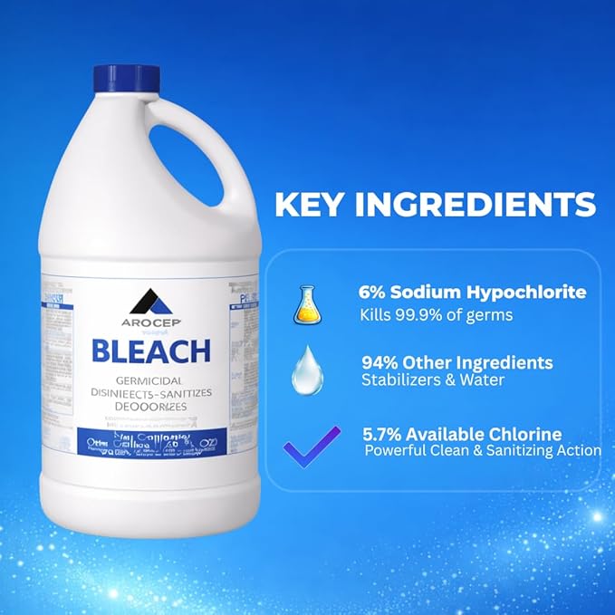 Liquid Chlorine Bleach Gallon – 6Pcs 1 Gallon Jug Bleach for Laundry, Household Cleaning, Commercial Use - Highly Concentrated Formula Bathroom Cleaner Ideal for Kitchen Surfaces, Tiles, Floors