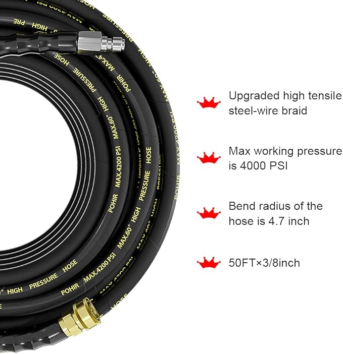 POHIR Power Washer Hose 125FT, High Pressure Washer Hose with 3/8'' Quick Connector, Steel Wire Braided Hose with 2 Quick Connect Kits Compatible M22 14 mm, Hose for Pressure Washer 4200 PSI