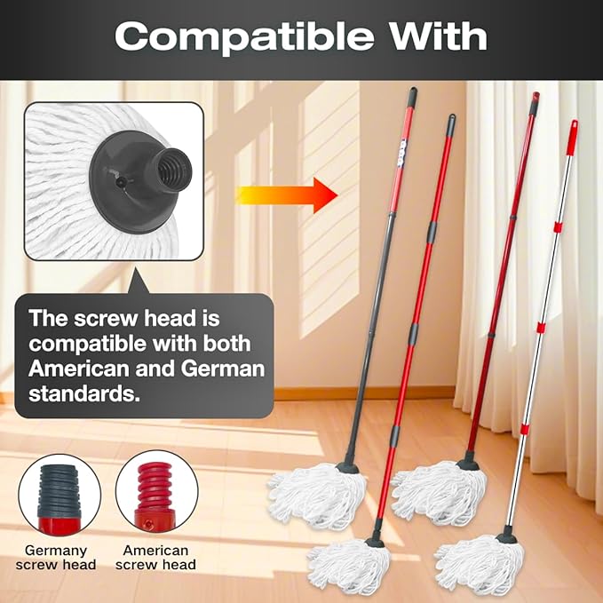 2 PCS Cotton String Screw on Mop Replacement Head Compatible with O-Cedar as Well All Standard US Threading Pole (Acme 3/4 inch Thread) and 1 PCS O-Cedar Spin Mop Four-Section Handle