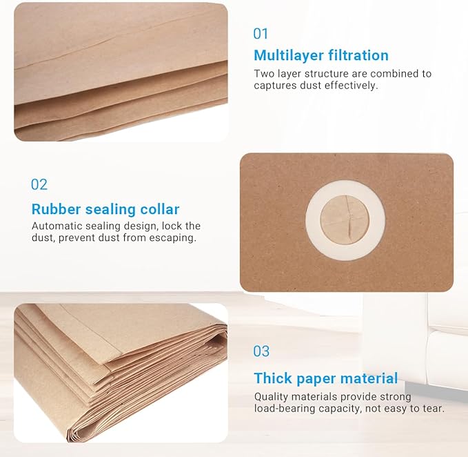 6-Pack 25-1230 Disposable Filter Bags Replacement for Stanley 4-5 Gallon Wet/Dry Vacuums SL18129, SL18130, SL18130P