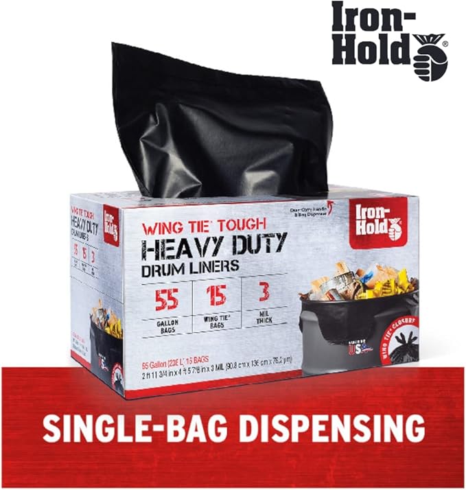 Contractor Trash Bags - 55 Gallon, 15 Bags, Wing Tie Closure, 3 MIL Thick, Gusseted Bottom, Black - Heavy Duty Industrial Strength Garbage Bags