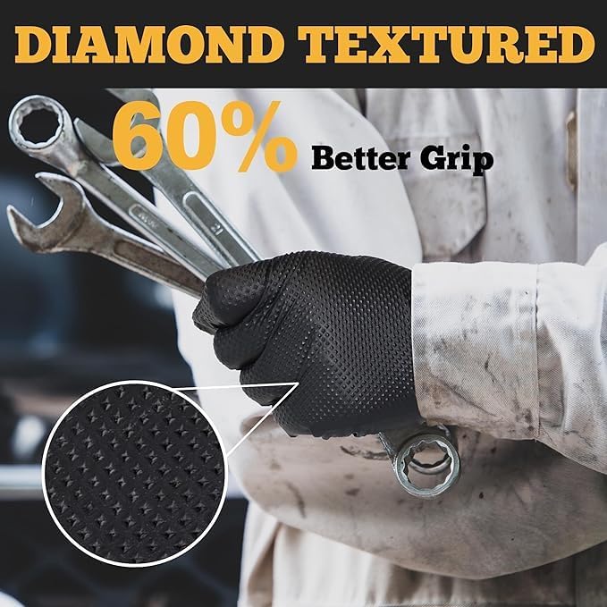 TitanFlex Heavy Duty Black Industrial Nitrile Gloves with Raised Diamond Texture, Latex Free (6mil/8mil)