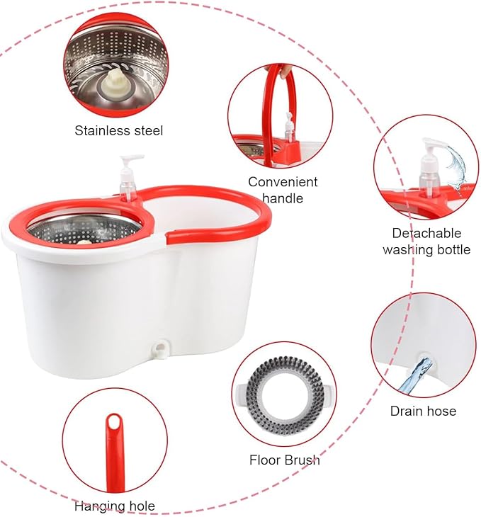 Spin Mop and Bucket with Wringer Set,for Floor Cleaning,with Floor Scrub Brush,61" Adjustable Handle and 6 Microfiber Mop Head(White)