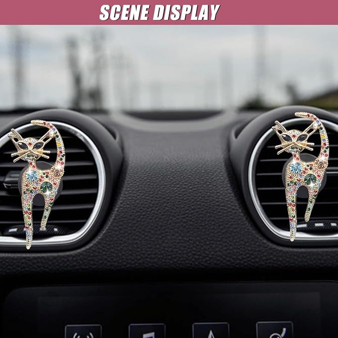 2PCS Car Vent Clips, Bling Cat Air Conditioning Outlet Clip, Crystal Rhinestone Auto Diffuser Perfume Clip, Cute Car Accessories for Women, Vehicle Interior Decoration (Colorful)