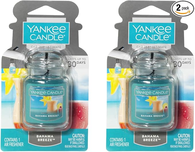 Yankee Candle Car Jar Ultimate, Bahama Breeze, Hanging Auto Air Freshener Odor Neutralizer for Long Lasting Tropical Scent in Cars and Small Spaces, 0.96 Ounce (Pack of 2)