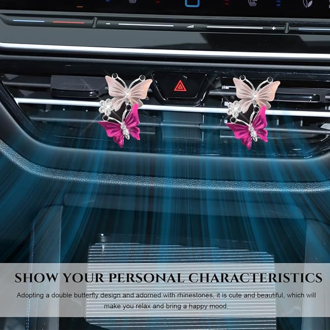 2PCS Car Air Vent Clips, Dual Butterfly Diamond Car Air Conditioner Outlet Vent Clip, Cute Car Diffuser Perfume Clip, Car Air Freshener Decor Accessories for Women Girl (Dark Pink, Style 1)