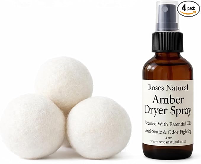 Wool Dryer Balls & Dryer Spray Bundle – 3 Reusable Dryer Balls + Plant-Based Essential Oil Dryer Spray, Natural Fabric Freshener, Anti-Static & Odor Fighting (Amber)