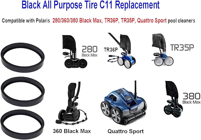 ATIE Pool Cleaner All Purpose Tire C11 For Polaris 280/380/360 Black Max, TR35P, TR36P, Quattro Sport Pool Cleaners (3 Pack)