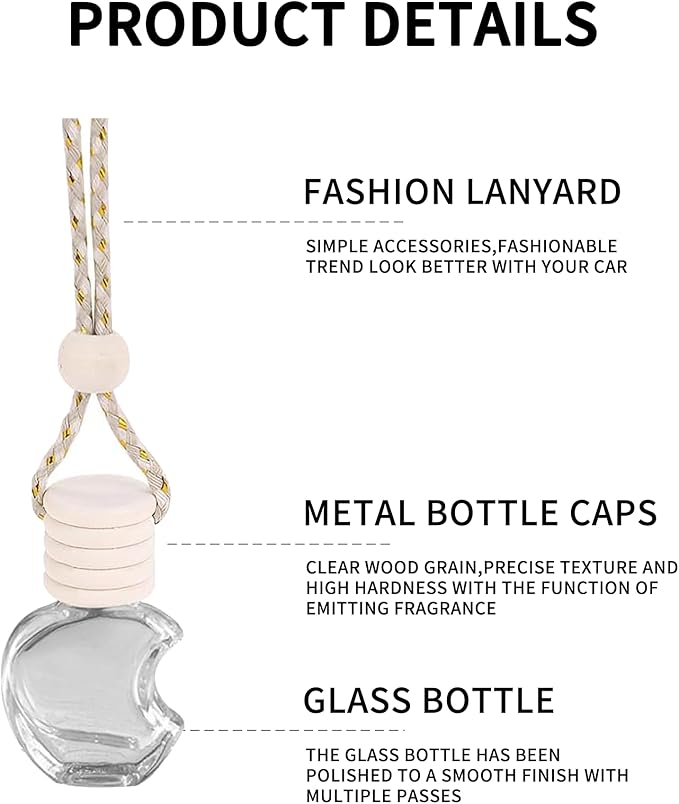 5PCS Hanging Car Air Freshener, Auto Interior Decoration 8 ml Oil Diffuser Perfume Aromatherapy Pendant Empty Glass Bottle, Fragrance Ornament with Vent Clip Wooden Cap and Rope (Apple)