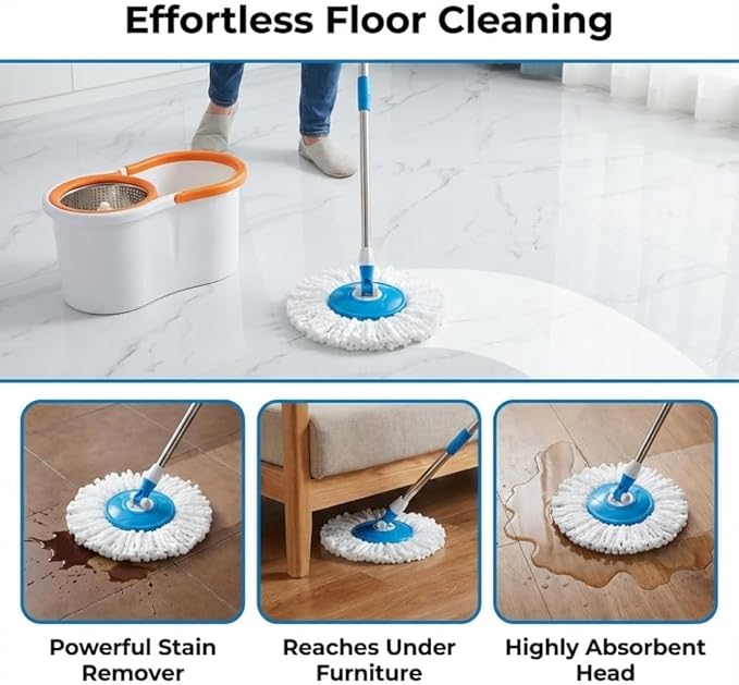 Spin Mop Refill – 360° Microfiber Mop Head Refill for Floor Cleaning | Durable Round Mop Head Replacement | White Mop Refill for 360 Spin Mops (Pack of 2)