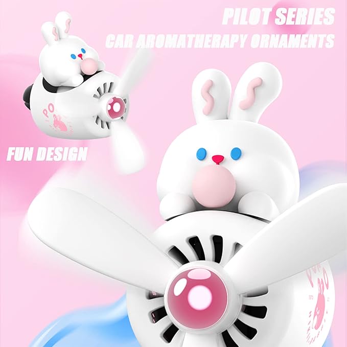 Car fragrance diffuser pilot car air outlet fragrance diffuser cartoon rotating fan leaf car perfume cute cartoon shape car perfume air freshener with 2 fragrances (rabbit 1)