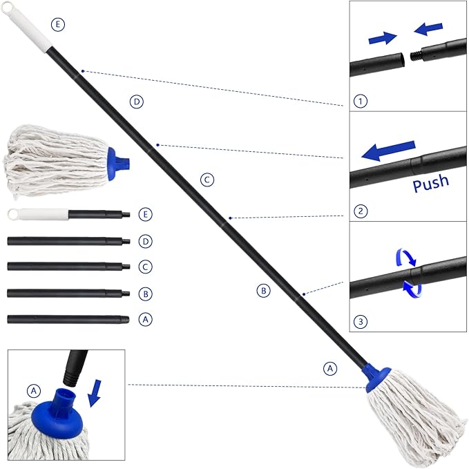 Indoor Mop for Floor Cleaning - Cotton Mops for Floor Cleaning, Regular Mop for Floors, 49-inch Simple Mops for Cleaning Living Rooms, Bathrooms, and Kitchens. (Dark Blue)