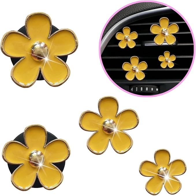 4Pcs Car Accessories Daisy Flowers Car Air Freshener Vent Clips,4 Sizes Cute Car Flowers Car Clips,Girly Women Flowers Car Accessories,Refillable Car Diffuser Air Fresheners Accessories (Yellow)