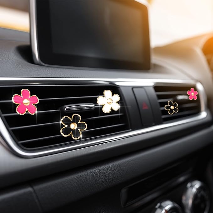 Frienda 6 Pcs Daisy Flower Air Vent Clip Accessories Air Conditioning Outlet Clip Car Air Freshener Dashboard Accessories Charm Car Inter Decor(3 cm, 3.3 cm,Red, White, Black)