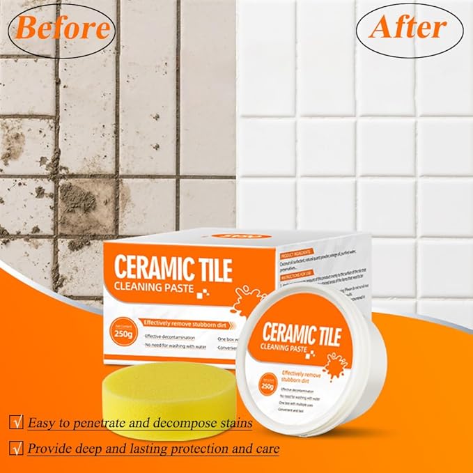 Tile & Grout Cleaning Paste, Heavy Duty Cleaning Paste for Tile, Ceramic, Granite, Porcelain, Marble Appliances & Fixtures, Removes Old Stains on Sink, Faucet, Bathtub-250g