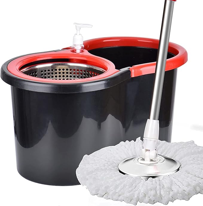 Mop and Bucket with Wringer Set, 360 Spin Mop and Bucket with 3 Replacement Heads, Stainless Steel Mop Bucket 61 Inch Adjustable Handle for Floor Cleaning