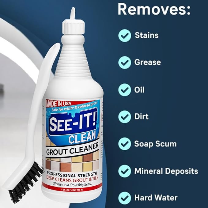 SEE-IT! Grout & Tile Deep Cleaner Brightener & Heavy-Duty Stain Remover Acid-Free Safe for Ceramic, Porcelain, Marble, Stone - 32 fl. oz. with Hand Cleaning Brush