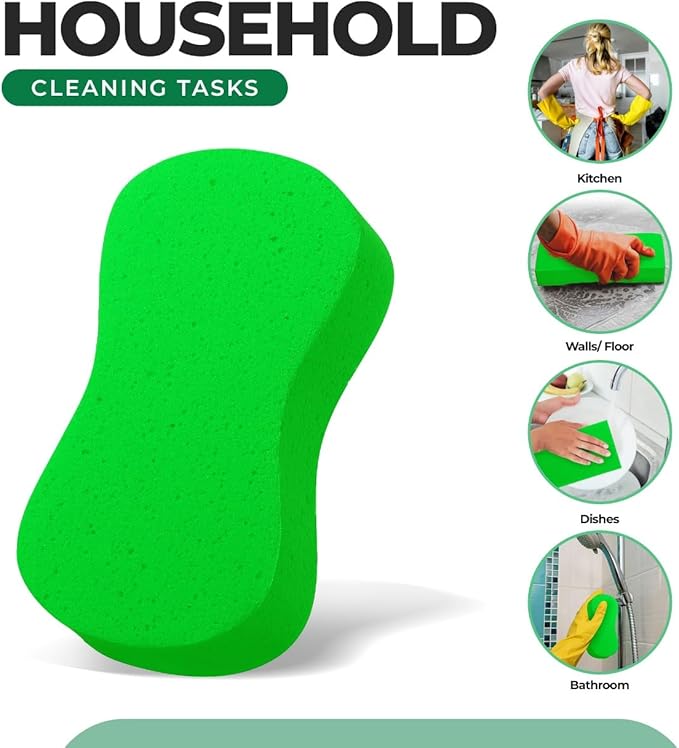 Multi-Purpose Sponges for Cleaning - Lime Green Sponge 10 Pack, Large Sponges for Car Washing, Tile & Grout, Bulk Pack Sponge
