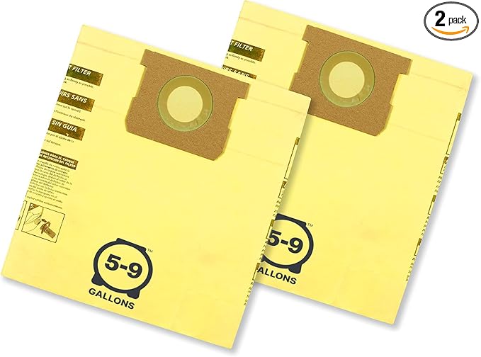 Shop-Vac 9067133 High Efficiency Disposable Vacuum Filter Bags, Fits 5-8 Gallon Tanks, Enhanced Filtration and Dust Control, (2-Pack)