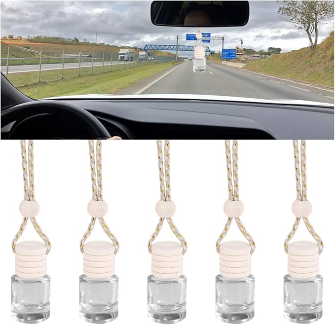5PCS Hanging Car Air Freshener, 8 ml Oil Diffuser Perfume Aromatherapy Pendant Empty Glass Bottle, Fragrance Ornament with Vent Clip Wooden Cap and Rope, Auto Interior Decoration (Cylindric)