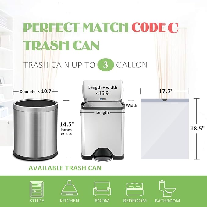 3 Gallon 220pcs Strong Drawstring Trash Bags Garbage Bags by Teivio, Bathroom Trash Can Bin Liners, Small Plastic Bags for home office kitchen, White