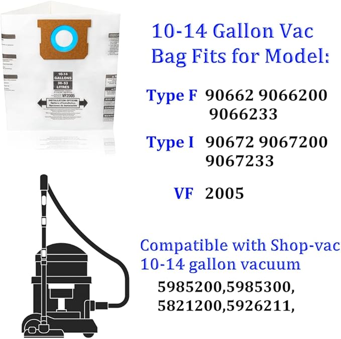 Vacuum Filter Bag, Fits 10-14 Gallon Shop Vac Bags Vacuum Dust Collection Bag, Type F 90662 9066200 9066233, Type I 90672 9067200 9067233, VF2005, Disposable Collection Filter Bags 3 PCS