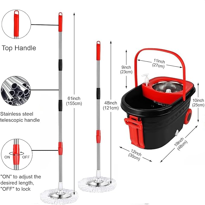 Spin Mop and Bucket with Wringer Set On Wheels, 360° Spinning Mop Bucket System with 3 Microfiber Replacement Heads, 61" Stainless Steel Extended Handle for Floor Cleaning Black/Red (25QT) (Big Black)