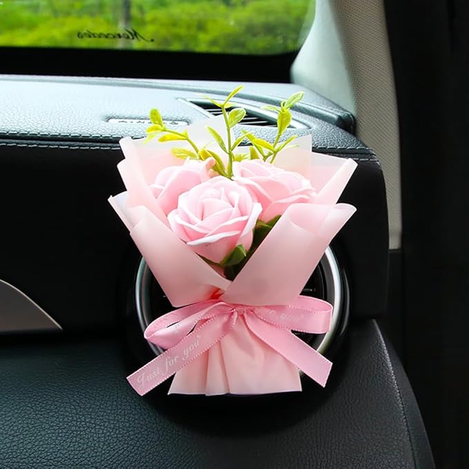 Mini Car Vent Clip Air Freshener, Aesthetic Floral Soap Rose Bouquet Diffuser Decor, Reusable Essential Oil Aroma Pad, Cute Car Accessories Gift for Women (Style G)