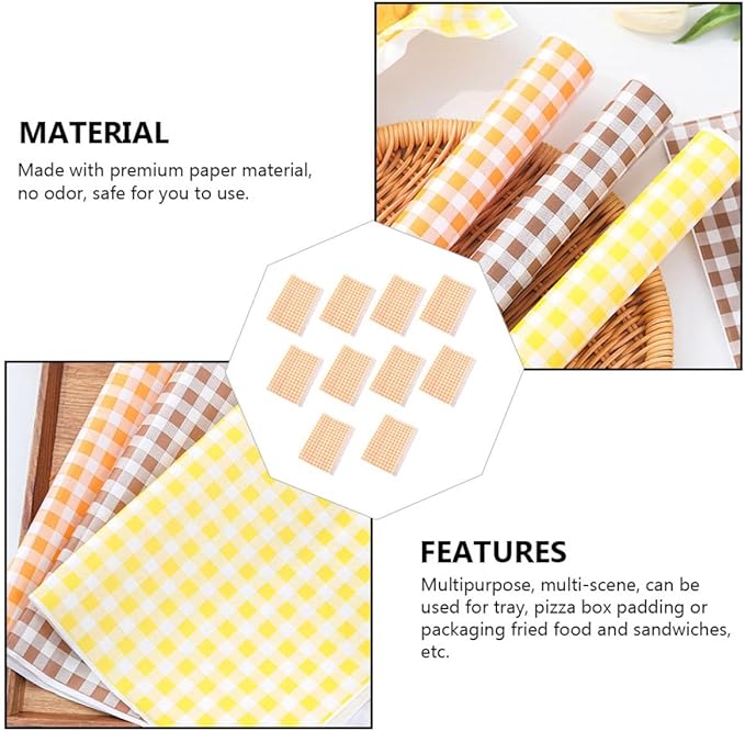 Artibetter Oil-absorbing Greaseproof Baking Paper for Kitchen and Party Use, 50 Orange Checkered Sheets Non-stick Sandwich and Cake Parchment for Baking and Snack Wrapping