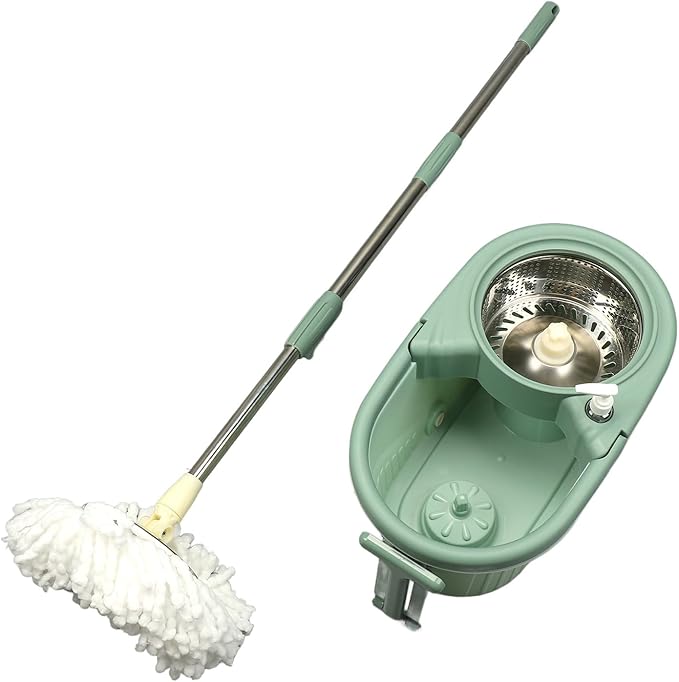ZJchao Spin Mop and Bucket, Mop Bucket Separate Dirty Water Mop Bucket with Wringer, Green, Plastic, Floor Cleaning Set