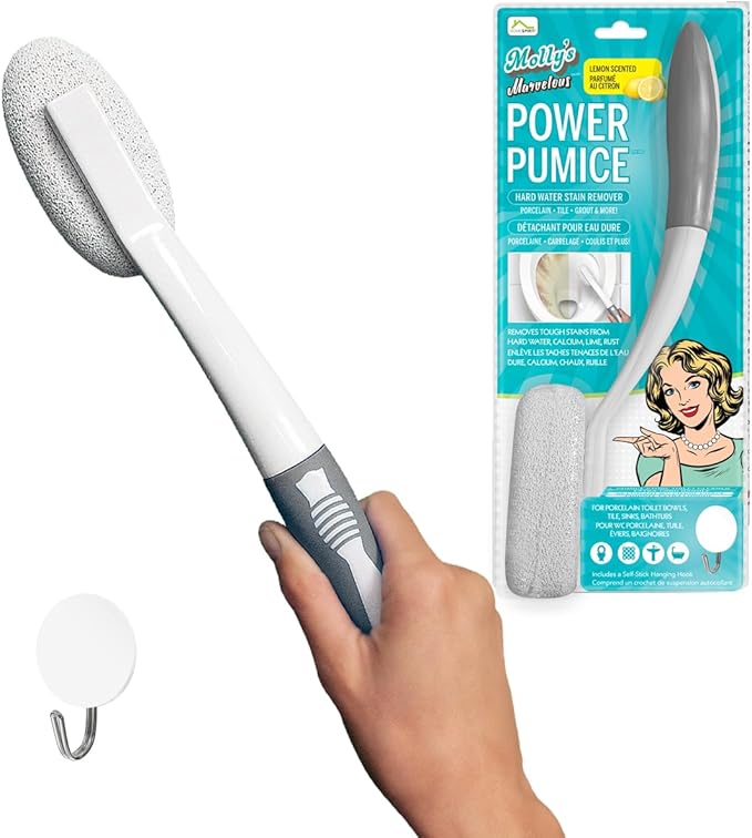 Molly's Marvelous Power Pumice – Toilet Ring & Hard Water Stain Remover, Extra-Long Handle, Chemical-Free Cleaning for Bathroom Surfaces