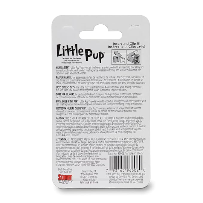 Little Pup 96602 Vanilla Scent, Car Air Freshener, Clips to A/C Air Vent, Alcohol-Free Fragrance Oil, Non-Hazardous and Non-Toxic Plastic, Set of 1