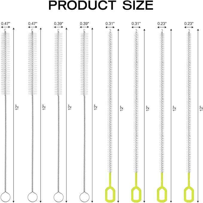 Heavy-Duty Straw Cleaner Brush Set - 8-Pack 12-Inch Long Brushes for Stanley Cup, Yeti & Hydro Flask | Flexible Core Deep-Cleans Baby Bottles, Tumbler Straws, Narrow Tubes (4 Sizes)