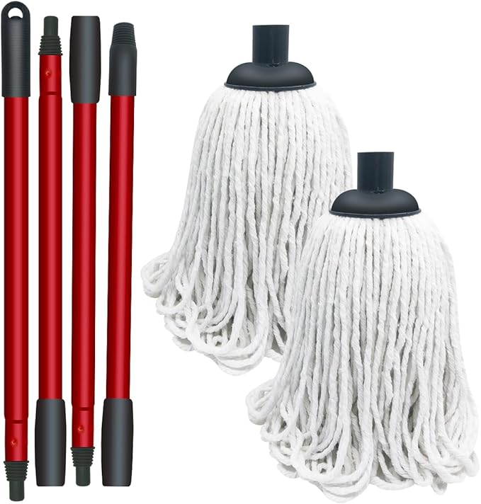2 PCS Cotton String Screw on Mop Replacement Head Compatible with O-Cedar as Well All Standard US Threading Pole (Acme 3/4 inch Thread) and 1 PCS O-Cedar Spin Mop Four-Section Handle
