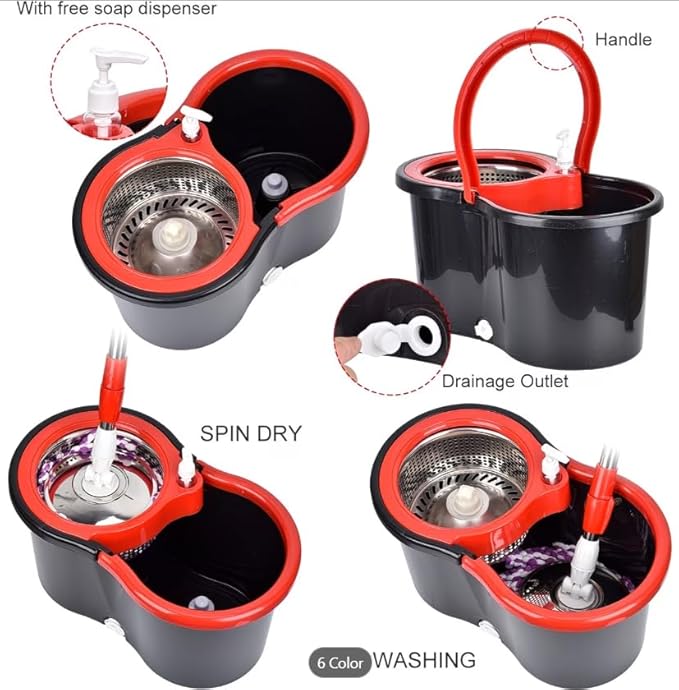 360° Spin Mop and Bucket with Wringer Set, Stainless Steel Extended Handle, 4 Microfiber Mop Refills, Red and Black, Floor Cleaning System