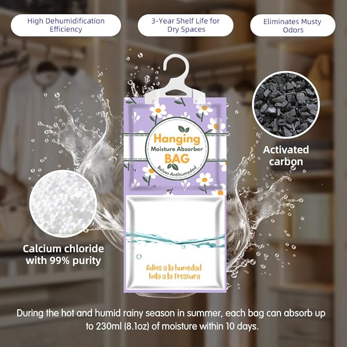 Hanging High-Purity Moisture Absorber, 20 pack with Activated Carbon, eliminates musty odors during humid summers, ideal for drawers and wardrobes,15% greater moisture absorption. (162 oz)