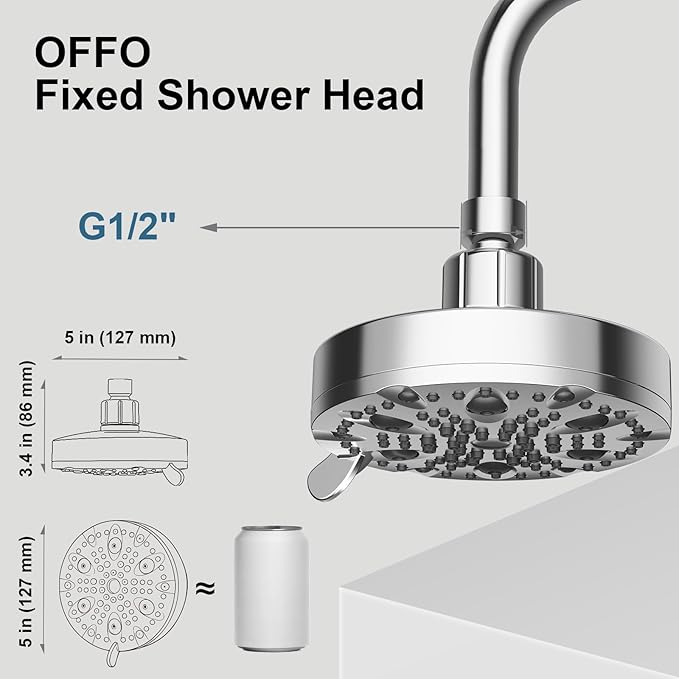 OFFO Shower Head, High Pressure Shower Head with Pause Mode, 9 Mode Fixed Showerheads for Strong Water Flow & Relaxing Shower Experience, Chrome