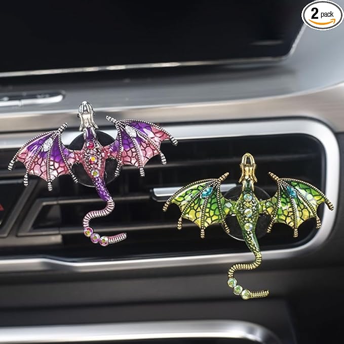 2 Pcs Bling Dragon Car Air Freshener Vent Clips, Crystal Rhinestone and Enamel Dragon Air Vent Clips Car Diffuser Cute Car Interior Decoration Accessories for Women Gift (Green Purple)
