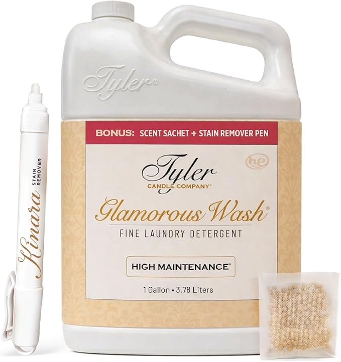 KINARA Tyler High Maintenence Glamorous Wash Liquid Laundry Detergent, Bundle with Stain Remover Pen, Fresh Scented Sachet - Gentle Washing Detergent, Laundry Supplies - 1 Gallon