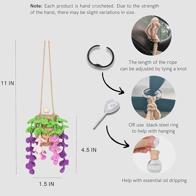 Handmade Crochet Hanging Car Air Freshener - Botanical Wisteria Blossom Design with 12ml Refillable Glass Essential Oil Bottle, Long-Lasting Car Diffuser & Nature-Inspired Decor