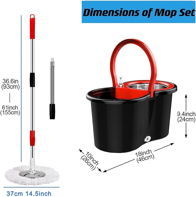 Spin Mop Bucket System, 360 Spin Mop & Bucket Floor Cleaning Stainless Steel Mop Bucket with 61" Extended Handle for Living Room, Bedroom, Kitchen, Office Black