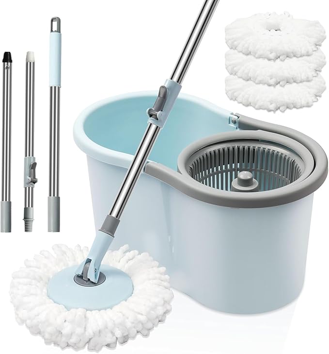 Casabella Spin Mop System with Extra Mop Head Refill - Two-Bucket Design with Splash Guard Built-in Measuring Cup and Scraper Tool with Easy Wring Pedal Spinner, 1.25-Gall (Mop)