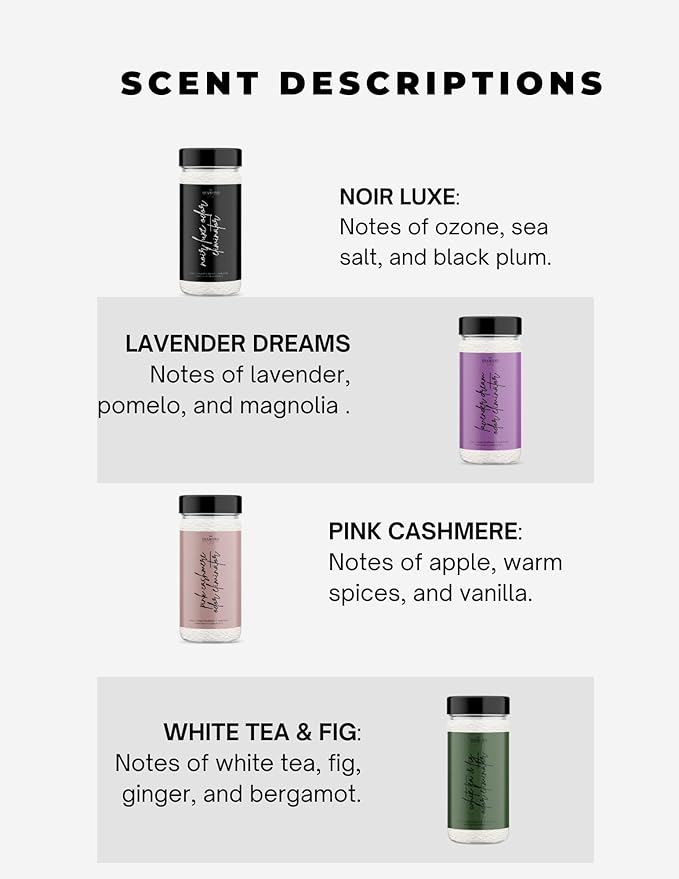 "Hotel" Collection Carpet Powder Bundle 4 Pack: Noir Luxe, Lavender Dreams, Pink Cashmere, White Tea & Fig Odor Eliminator for Home, Spring Cleaning, Upholstery & Pet Areas